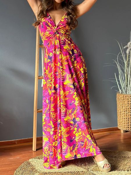 V-neck Boho Print Sleeveless Large Hem Maxi Dress HEDZRES2M8