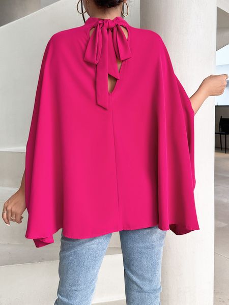 Women's Oversize Smock Neck Knot Back Batwing Sleeve Blouse Shirt Top HY69E4ZBQD