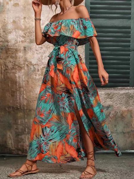 Off-shoulder lotus leaf edge printed dress HWF82UCWMN