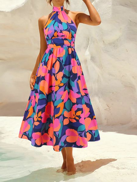 Women's Halter Neck Floral Printed Backless Midi Dress HEDVV9ZE3V