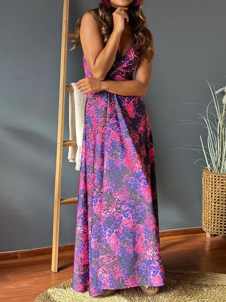 V-neck Boho Print Sleeveless Large Hem Maxi Dress HEDZRES2M8