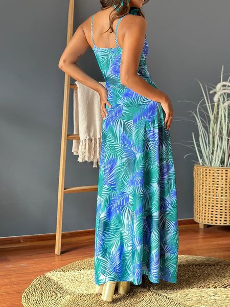 V-neck Boho Print Sleeveless Large Hem Maxi Dress HEDZRES2M8