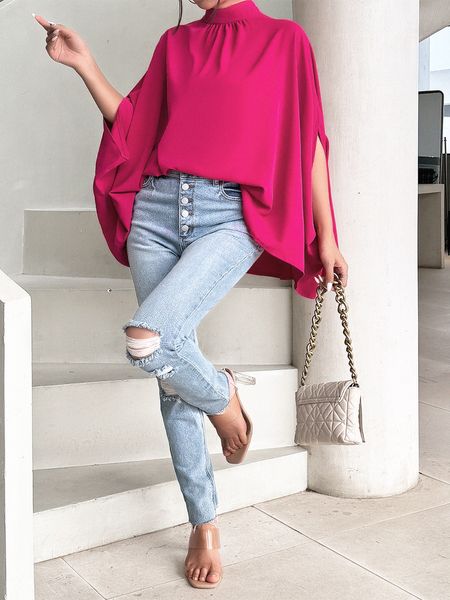 Women's Oversize Smock Neck Knot Back Batwing Sleeve Blouse Shirt Top HY69E4ZBQD