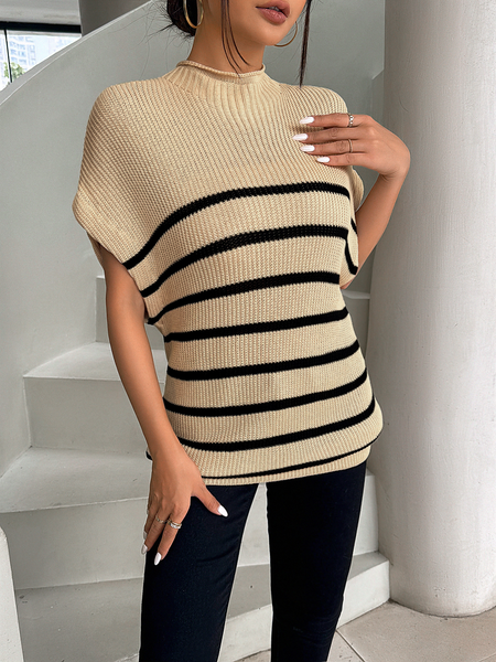 Frenchy Striped Pattern Ribbed Knit Sweater Batwing Sleeve Vest High Neck HY6KKSCARS