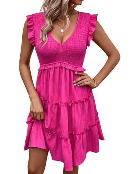 Women's V Neck Flutter Sleeve Tiered Smocked Dress HEQZLU8WQB