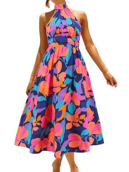 Women's Halter Neck Floral Printed Backless Midi Dress HEDVV9ZE3V