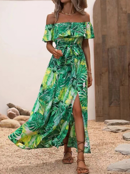 Off-shoulder lotus leaf edge printed dress HWF82UCWMN