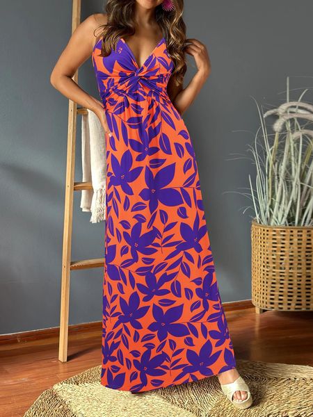 V-neck Boho Print Sleeveless Large Hem Maxi Dress HEDZRES2M8