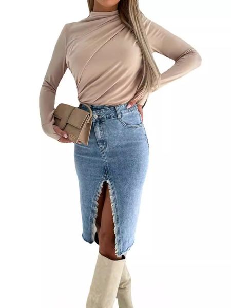 Women's Vintage Denim Skirt High Waist Open Split Tassle Jean Skirt HW5U39SU3E