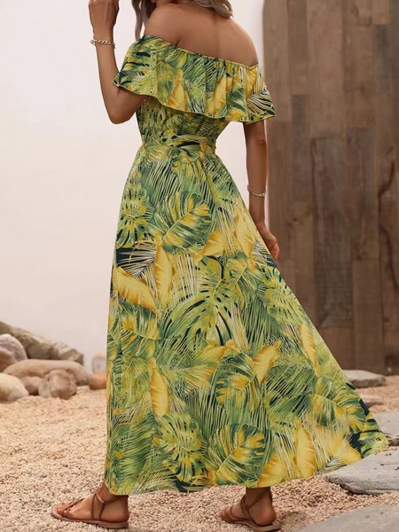 Off-shoulder lotus leaf edge printed dress HWF82UCWMN