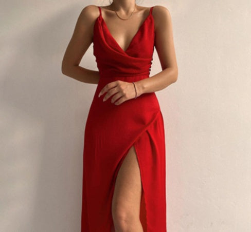 Women's V-neck Slip Dress Low Cut Printed Slit Dress