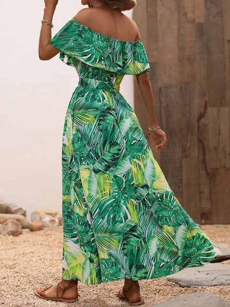 Off-shoulder lotus leaf edge printed dress HWF82UCWMN