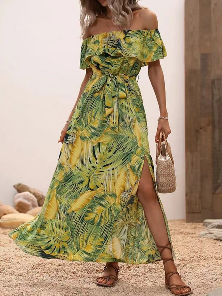 Off-shoulder lotus leaf edge printed dress HWF82UCWMN