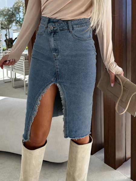 Women's Vintage Denim Skirt High Waist Open Split Tassle Jean Skirt HW5U39SU3E