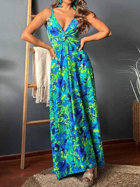 V-neck Boho Print Sleeveless Large Hem Maxi Dress HEDZRES2M8