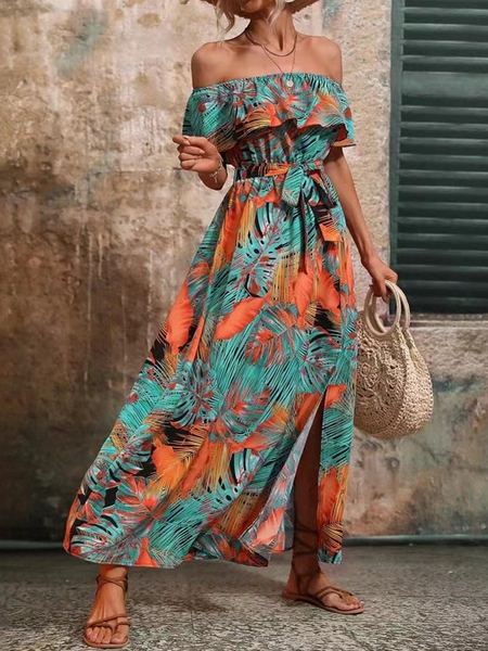 Off-shoulder lotus leaf edge printed dress HWF82UCWMN