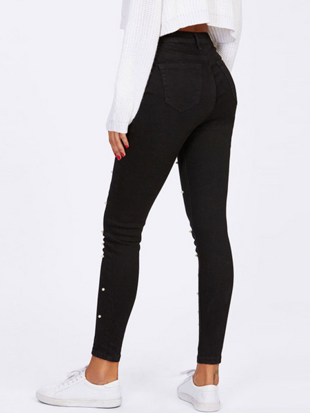 Stretchy Jeans with 3D Pearl Embellishments H7XHRDCPKN