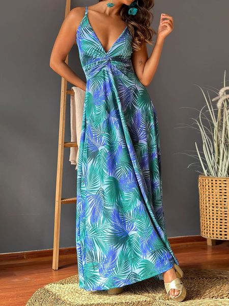 V-neck Boho Print Sleeveless Large Hem Maxi Dress HEDZRES2M8