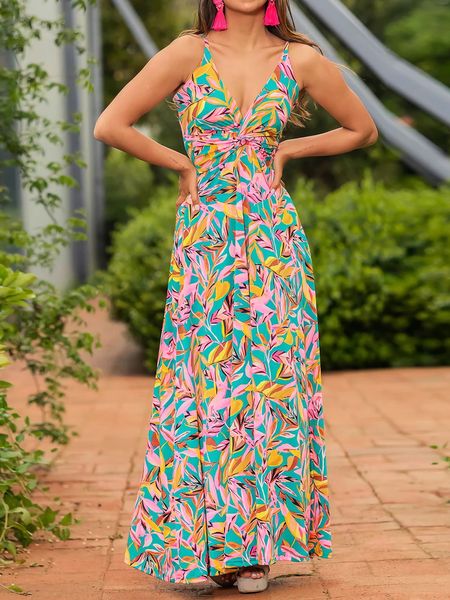 V-neck Boho Print Sleeveless Large Hem Maxi Dress HEDZRES2M8